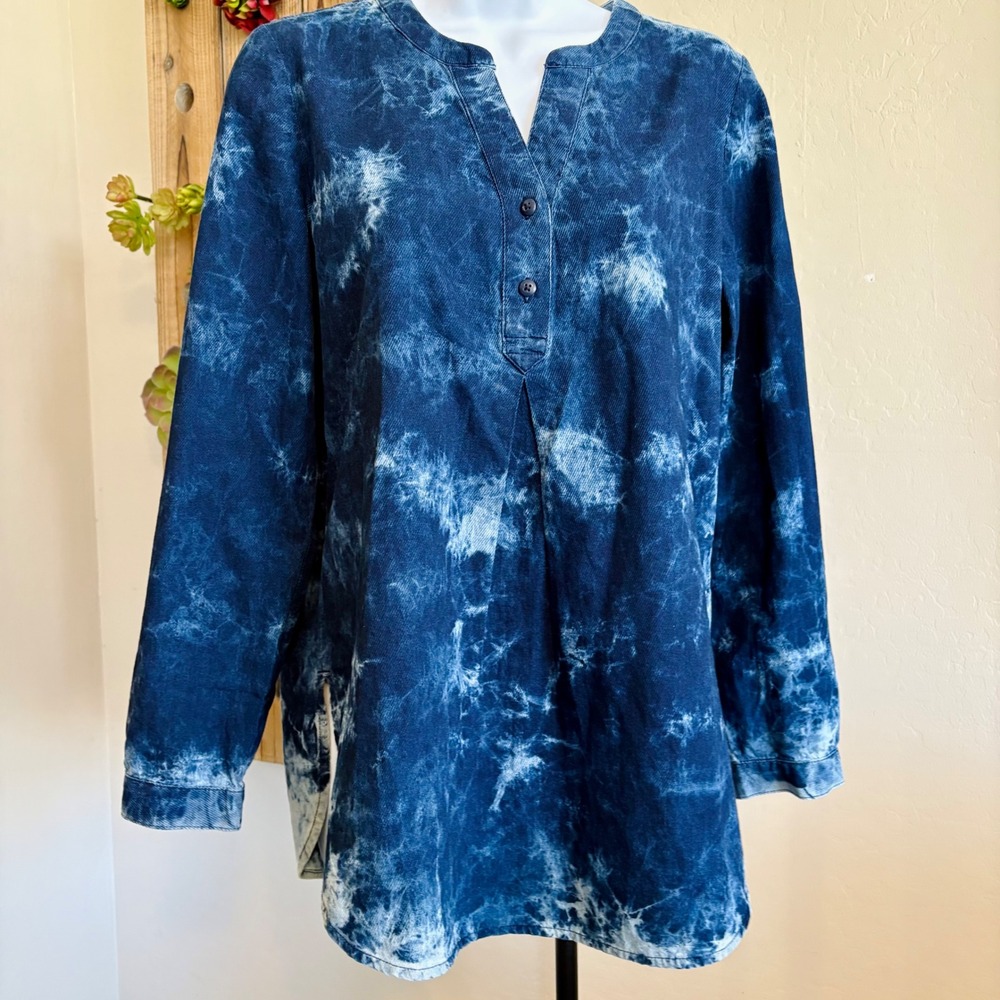Pure Jill J Jill Tunic Top Organic Cotton Indigo Tie Dye Women's XS Boho Blouse‎